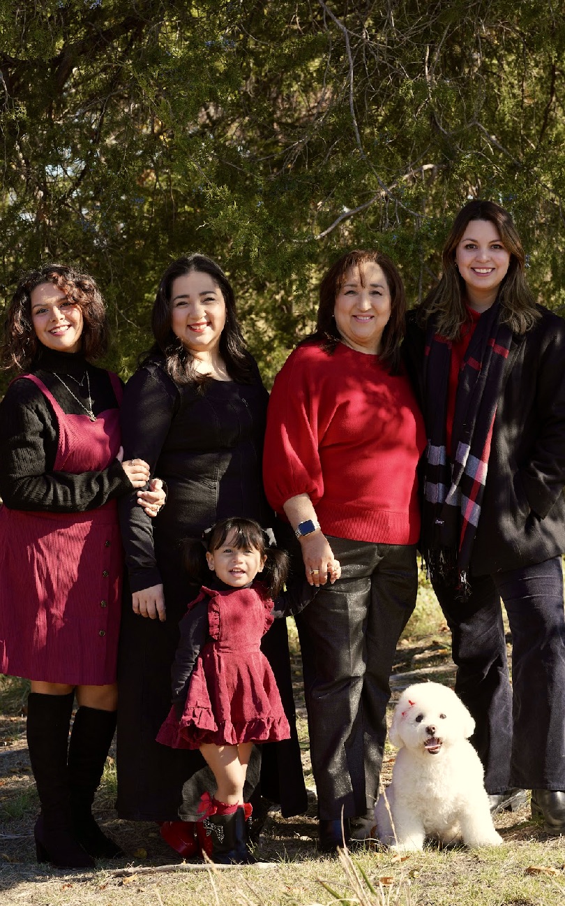 Family portrait outdoors with red and black styling